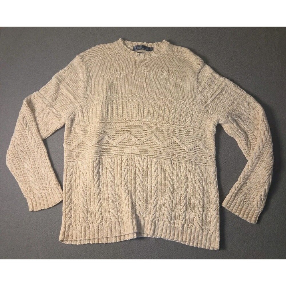 Vtg Polo Ralph Lauren Hand Knit 100% Linen Sweater XXL Ivory Cable Italian Yarn